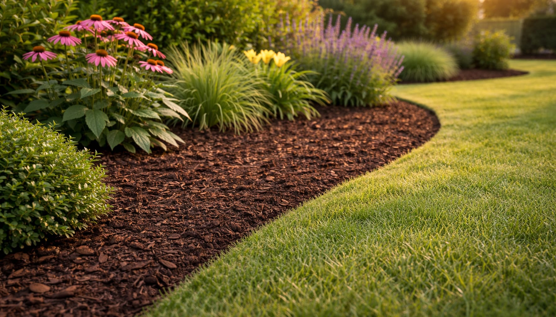 Crisp garden bed edging between lawn and planting beds