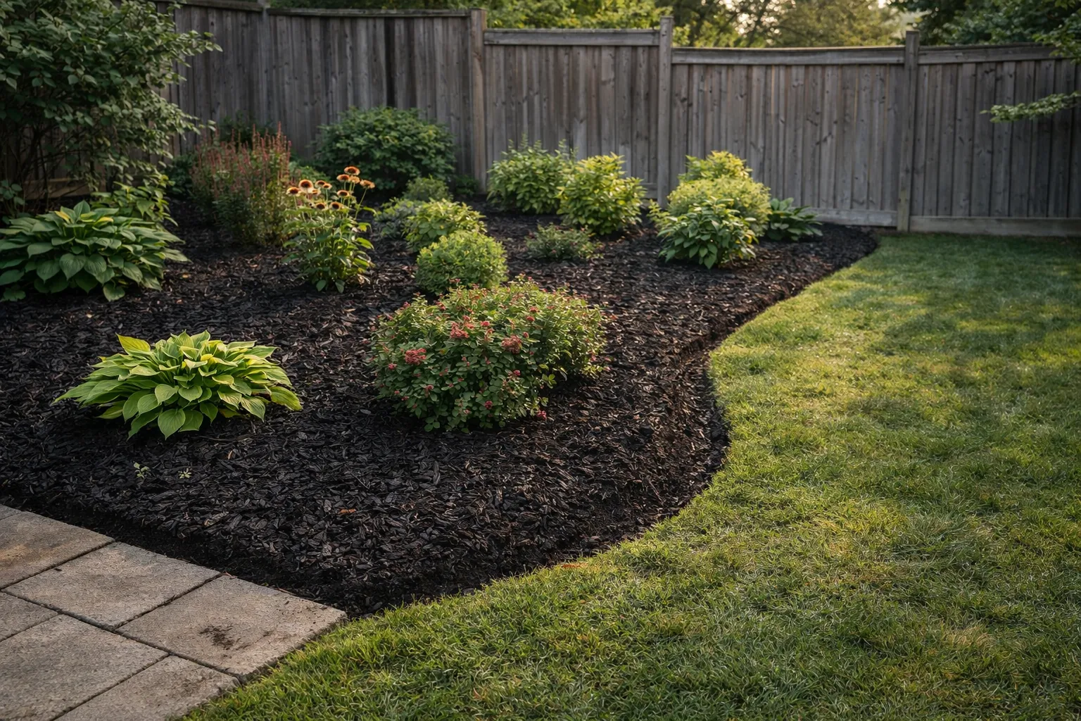 Backyard garden bed refreshed with dark mulch