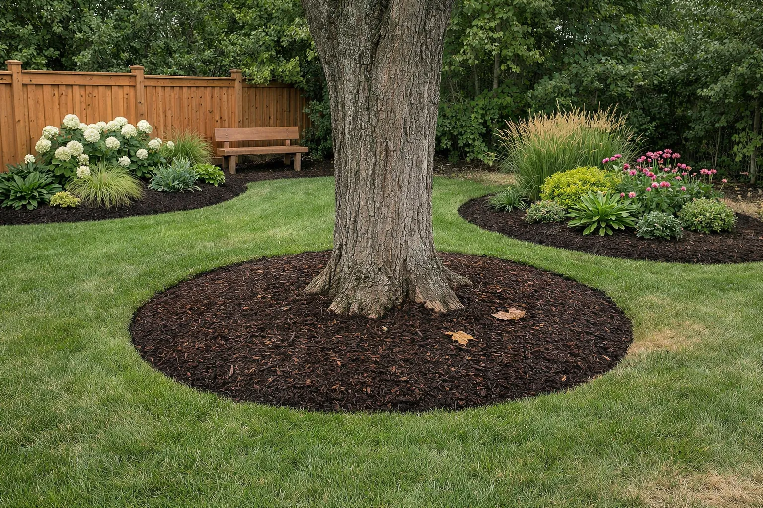 Backyard tree ring with clean mulch application