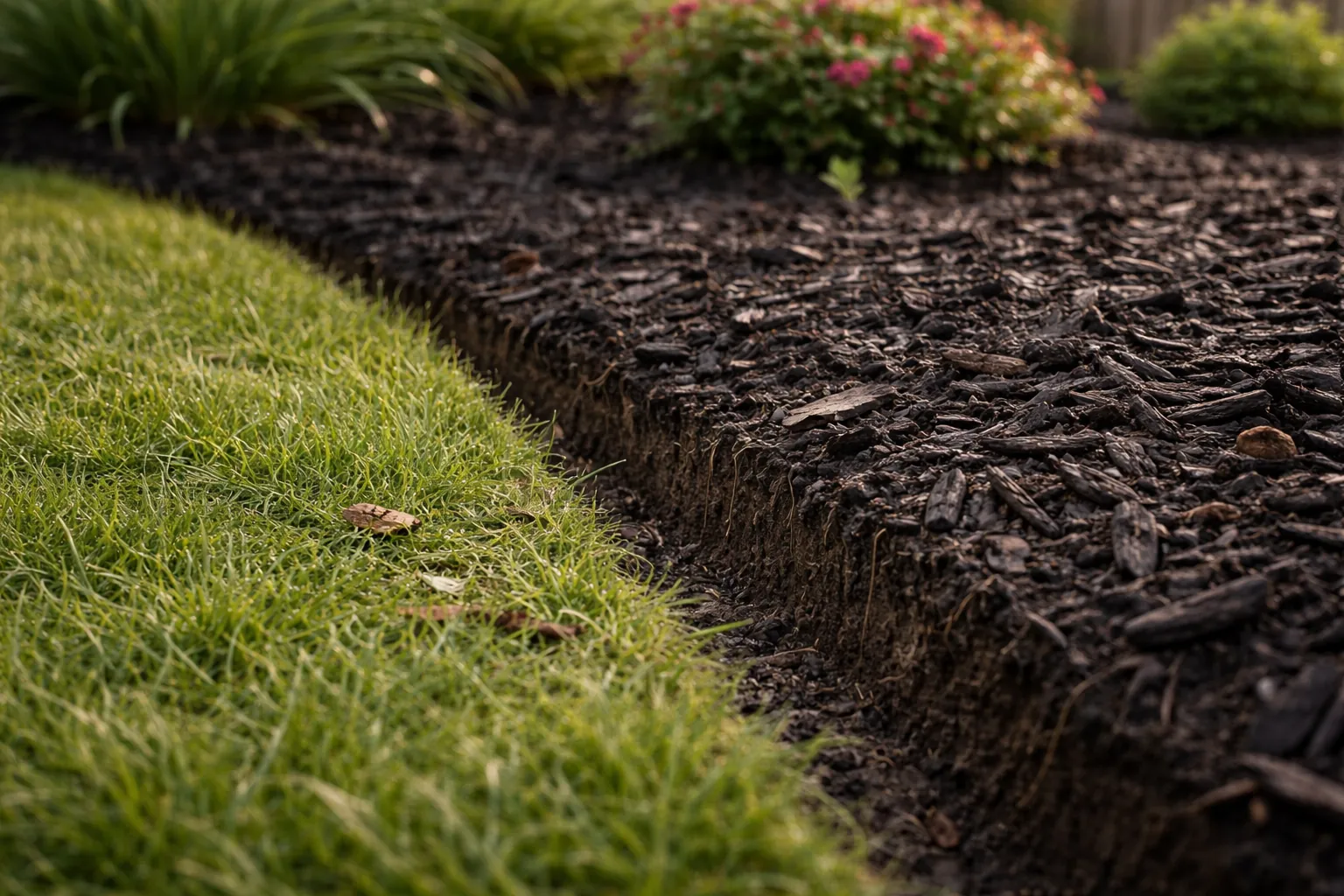 Close-up detail of fresh premium mulch in a garden bed