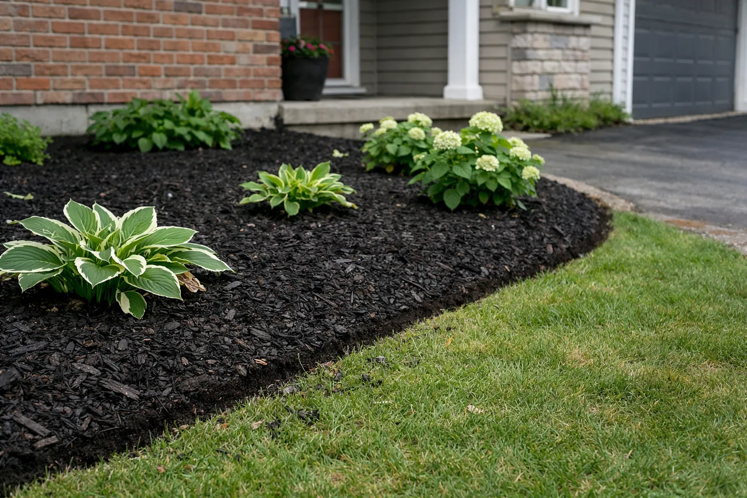 Front garden bed with fresh dark mulch and a sharply defined edge