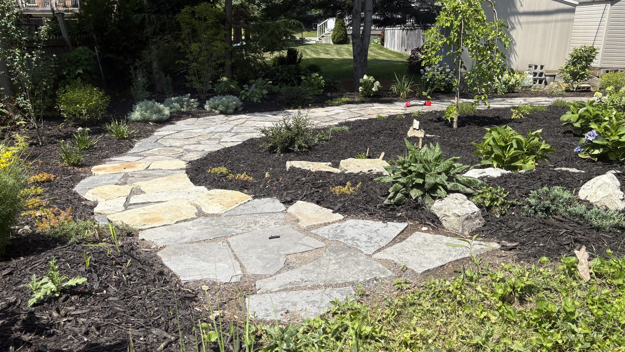 Completed garden with lush plantings and flagstone pathway in Nepean