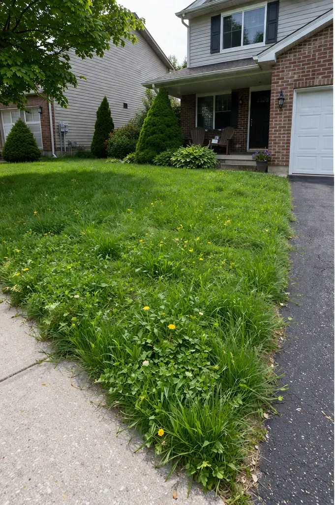 Overgrown Ottawa lawn with weeds and uneven grass before mowing
