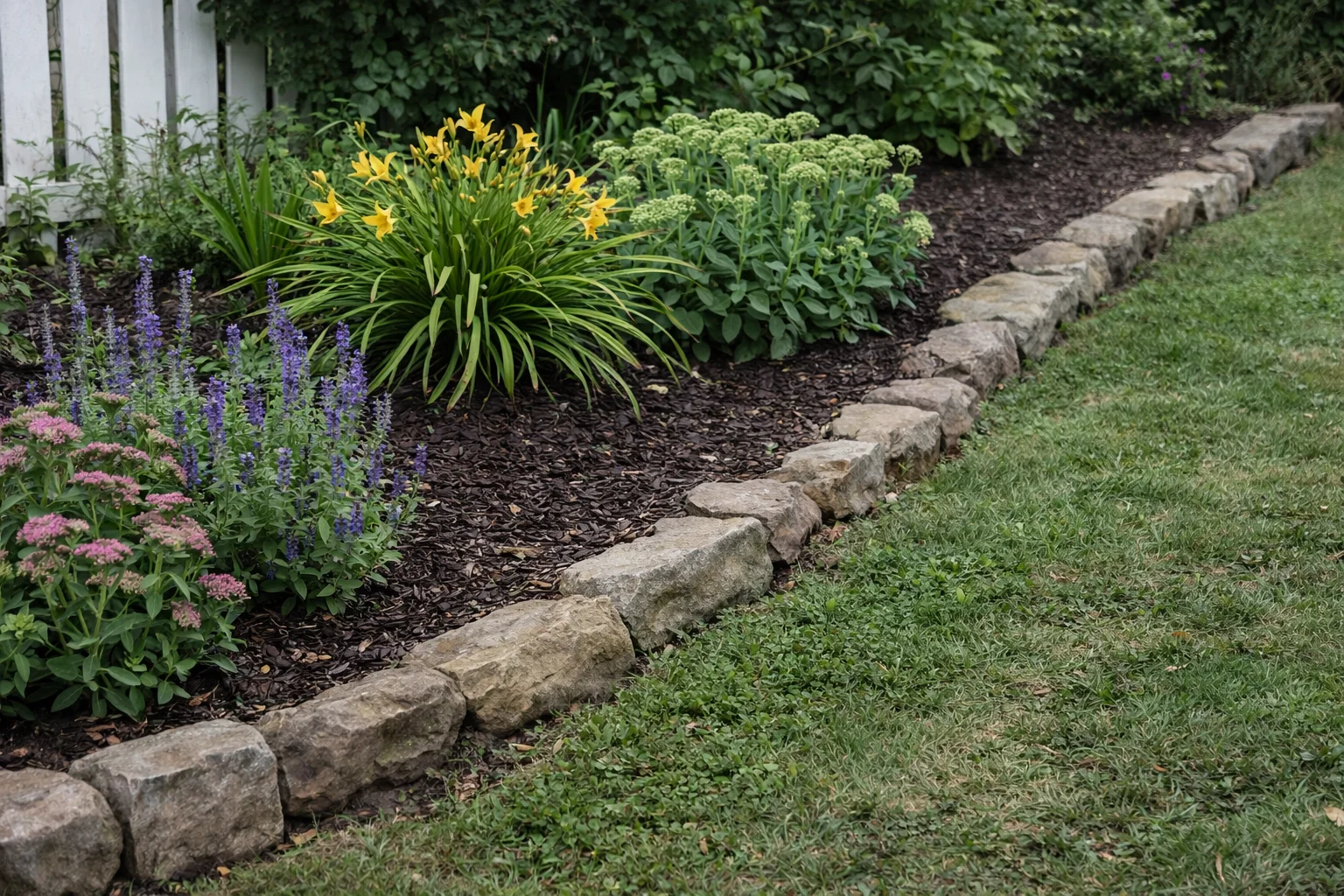 Natural fieldstone border edging along a mulched garden bed with yellow daylilies, sedum, and purple salvia beside a residential lawn