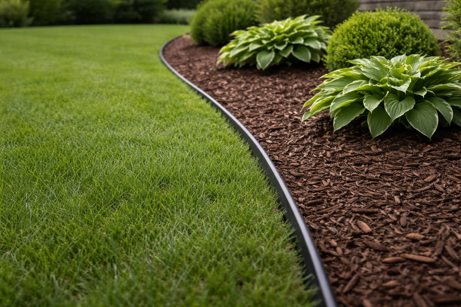Commercial-grade Snap Edge plastic garden bed edging holding a clean curved line between lawn and mulch with hostas and boxwood plantings